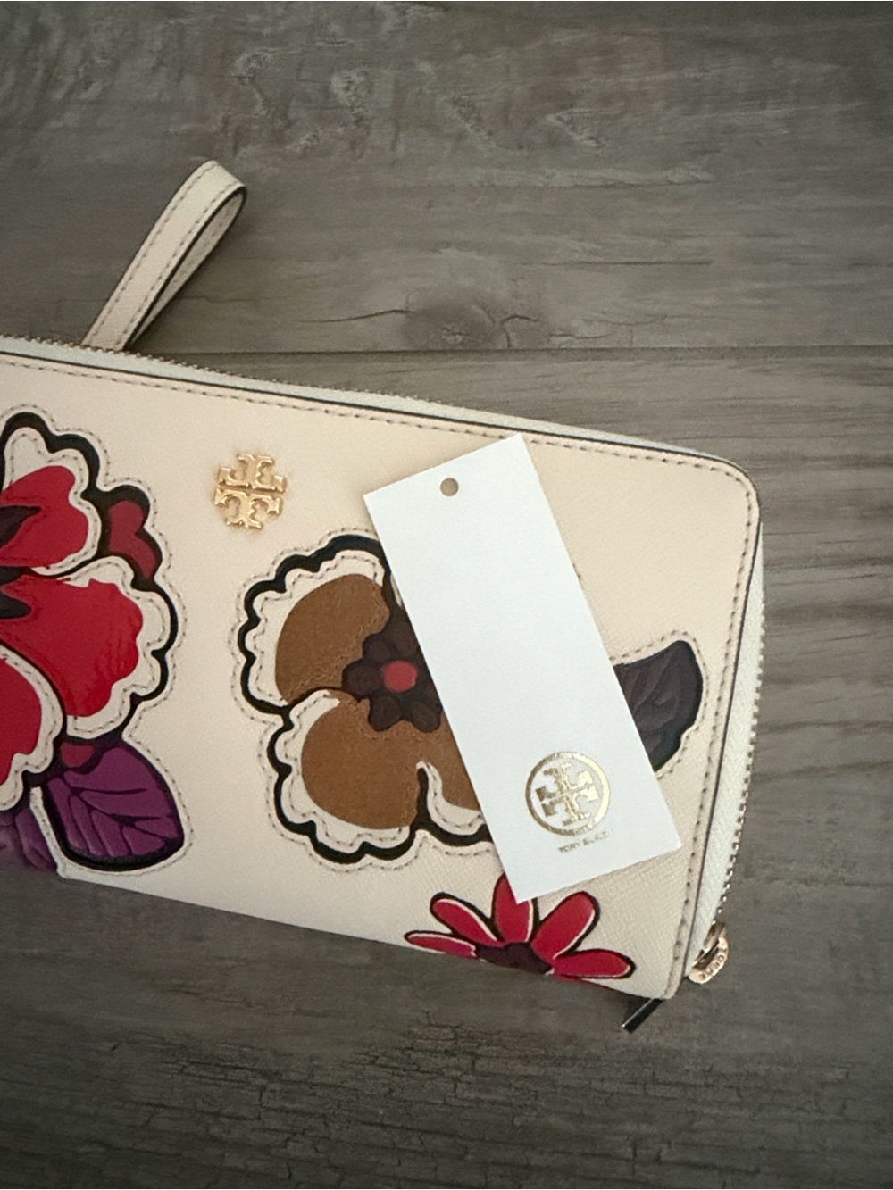 Tory Burch Cream Floral Appliqué Zip Wristlet